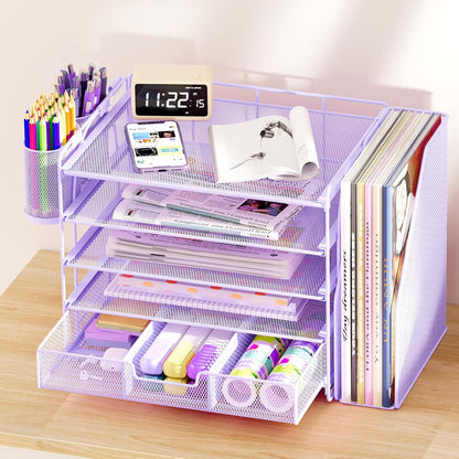 Desk Organizers and Accessories, 5-Tier Paper File Organizer with Drawer &amp; Pen Holder, Office Desk Accessories Workspace Desktop Organizer for Office Supplies((Purple)