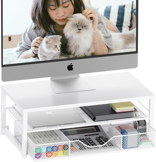 Desk Organizers and Accessories, 2-Tier Computer Monitor Stand Riser for Desk Organizer with Drawer, Desktop Workspace Organizer &amp; Office Desk Computer Accessories for Office Supplies(White)