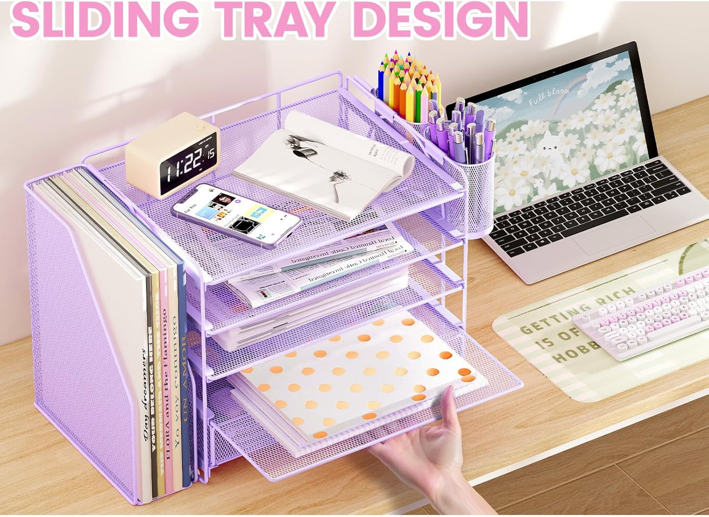 Desk Organizers and Accessories, 5-Tier Paper File Organizer with Drawer &amp; Pen Holder, Office Desk Accessories Workspace Desktop Organizer for Office Supplies((Purple)