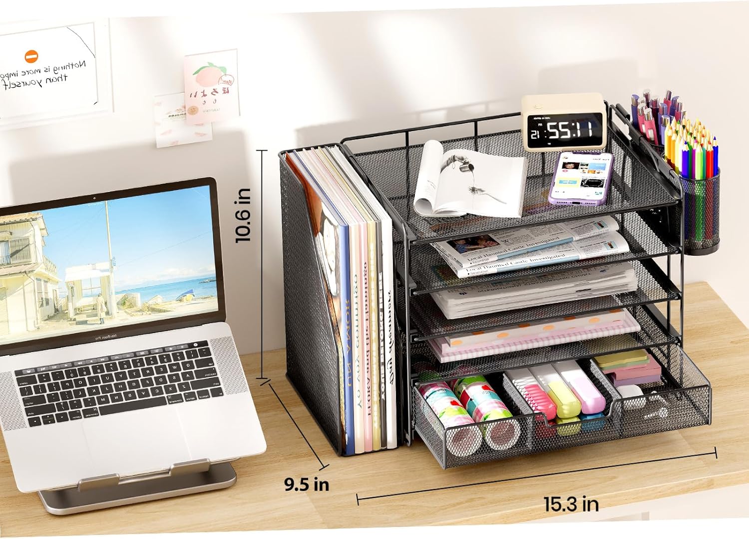 Desk Organizers and Accessories, 5-Tier Paper File Organizer with Drawer &amp; Pen Holder, Office Desk Accessories Workspace Desktop Organizer for Office Supplies(Black)