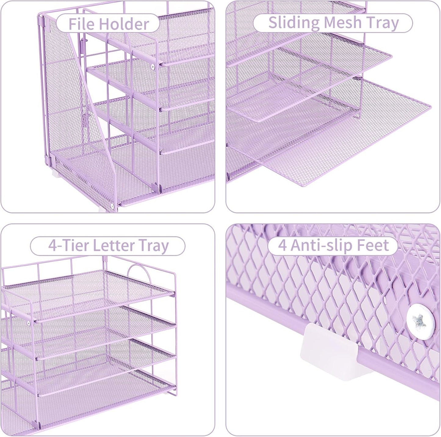 Desk Organizers and Accessories, 4 Tier Paper Letter Tray File Organizer, Office Organization Storage Desk Accessories Workspace Desktop Organizer for Classroom Office Supplies Decor, Purple