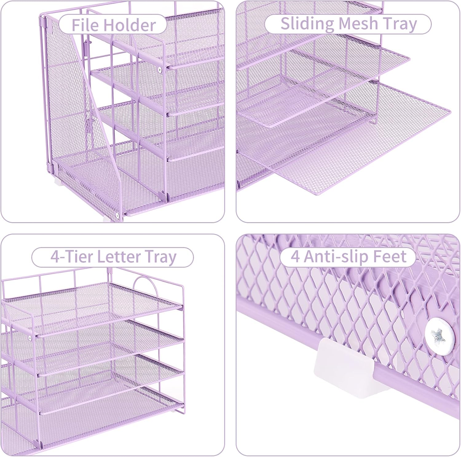 Desk Organizers and Accessories, 4 Tier Paper Letter Tray File Organizer, Office Organization Storage Desk Accessories Workspace Desktop Organizer for Classroom Office Supplies Decor, Purple