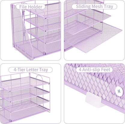Desk Organizers and Accessories, 4 Tier Paper Letter Tray File Organizer, Office Organization Storage Desk Accessories Workspace Desktop Organizer for Classroom Office Supplies Decor, Purple