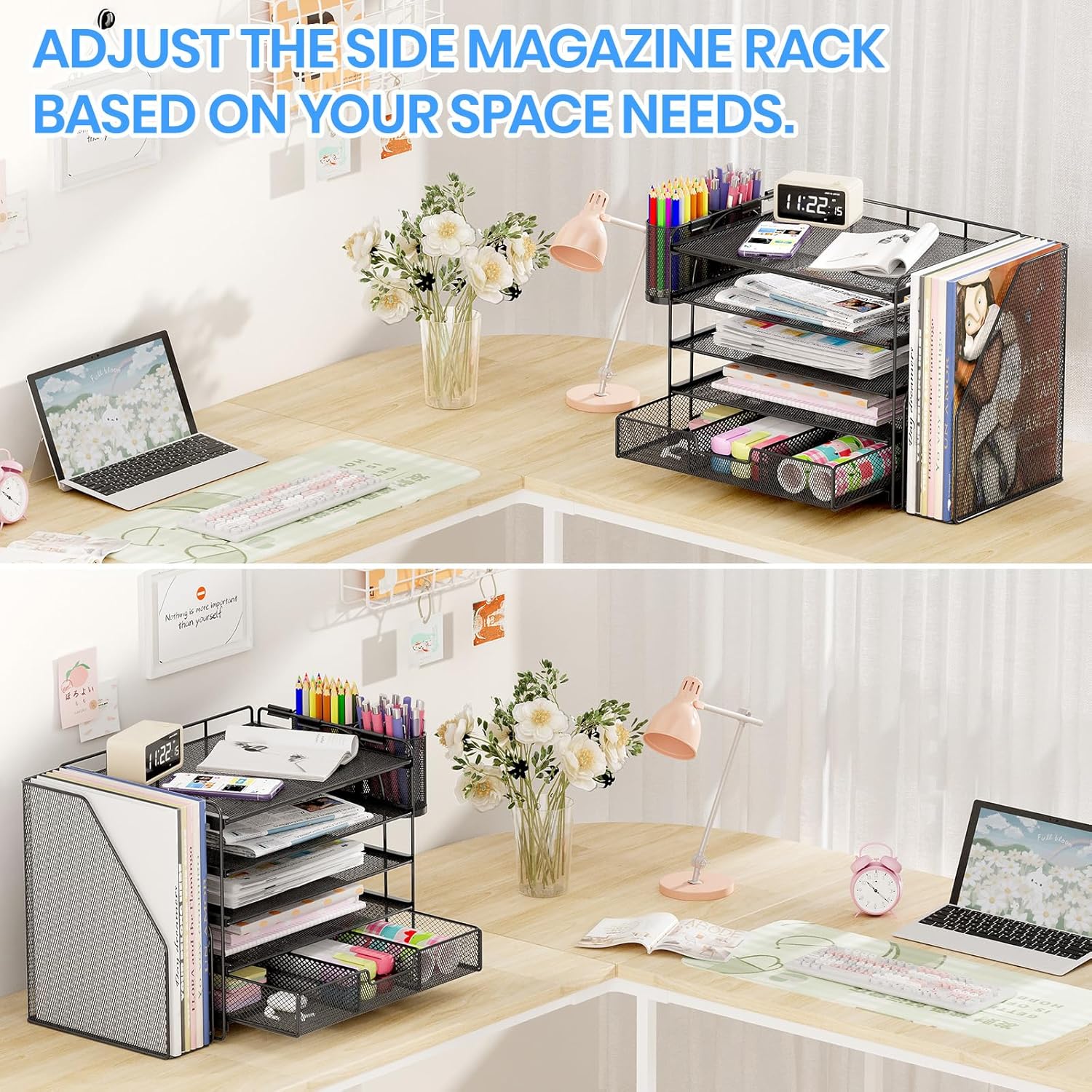 Desk Organizers and Accessories, 5-Tier Paper File Organizer with Drawer &amp; Pen Holder, Office Desk Accessories Workspace Desktop Organizer for Office Supplies(Black)