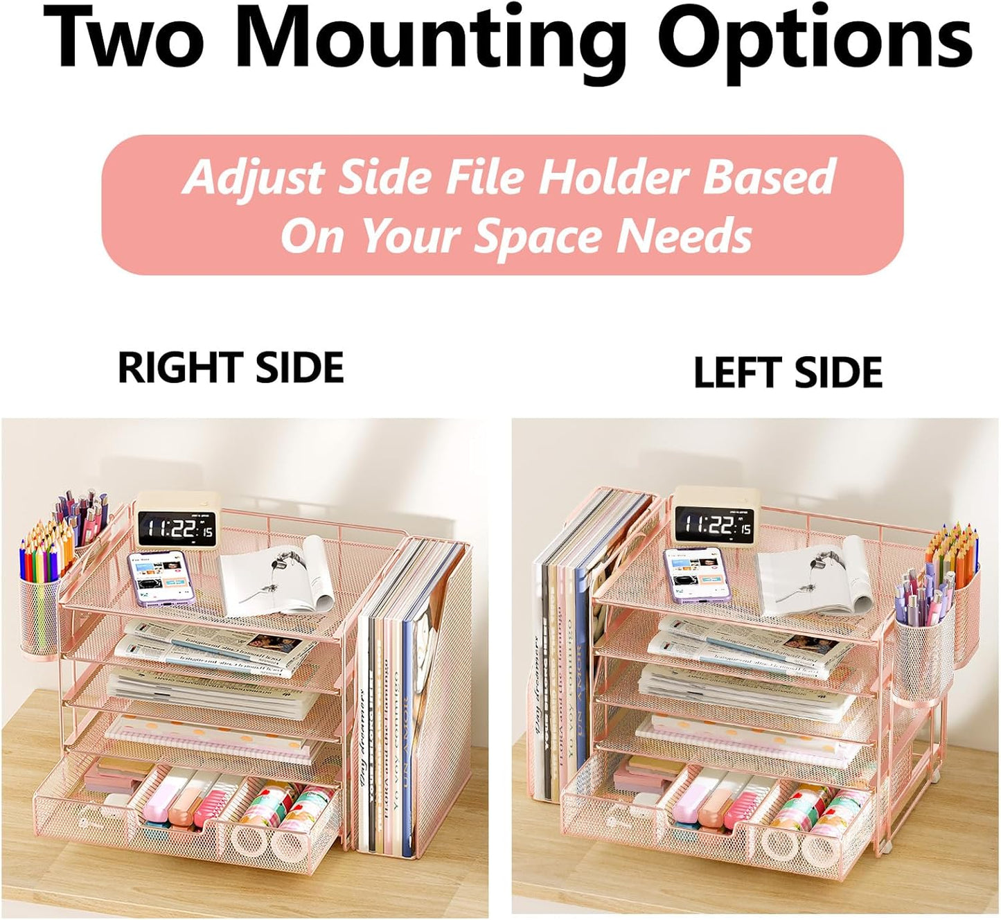 Desk Organizers and Accessories, 5-Tier Paper File Organizer with Drawer &amp; Pen Holder, Office Desk Accessories Workspace Desktop Organizer for Office Supplies (Rose Gold)