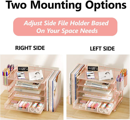 Desk Organizers and Accessories, 5-Tier Paper File Organizer with Drawer &amp; Pen Holder, Office Desk Accessories Workspace Desktop Organizer for Office Supplies (Rose Gold)