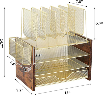 Gold Desk Organizers and Accessories,4-Tier Desktop File Organizer with Drawer, Wood Paper Organizer with 5 Vertical File Holders and Pen Holder for Office Supplies