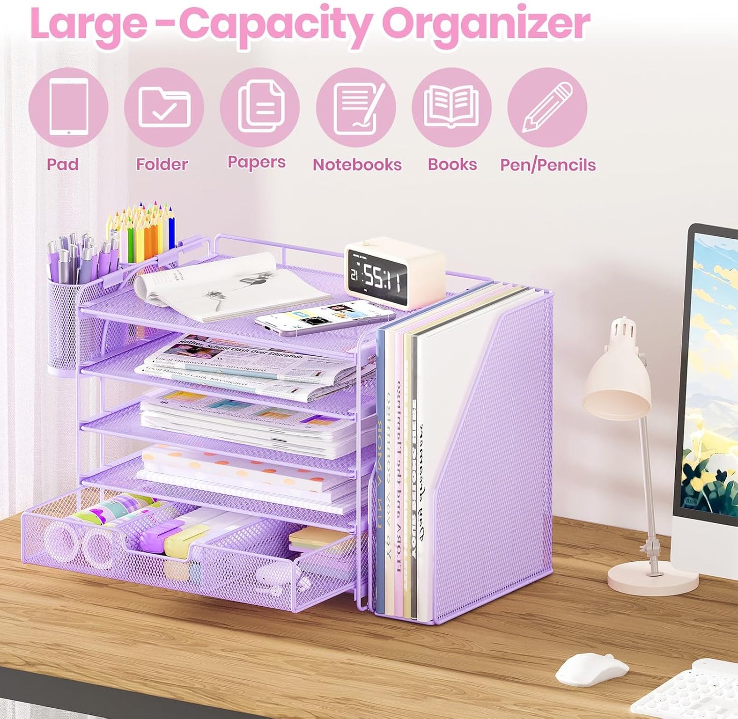 Desk Organizers and Accessories, 5-Tier Paper File Organizer with Drawer &amp; Pen Holder, Office Desk Accessories Workspace Desktop Organizer for Office Supplies((Purple)