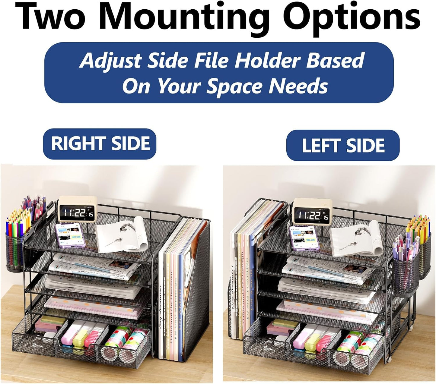Desk Organizers and Accessories, 5-Tier Paper File Organizer with Drawer &amp; Pen Holder, Office Desk Accessories Workspace Desktop Organizer for Office Supplies(Black)