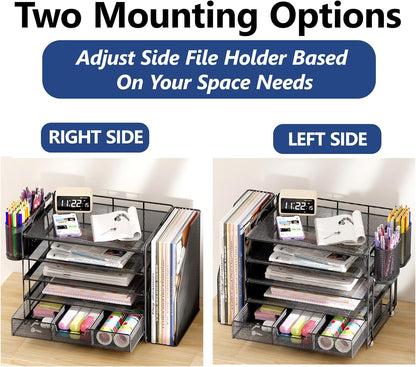 Desk Organizers and Accessories, 5-Tier Paper File Organizer with Drawer &amp; Pen Holder, Office Desk Accessories Workspace Desktop Organizer for Office Supplies(Black)