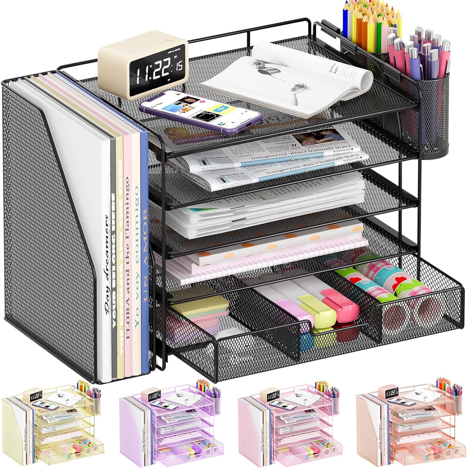 Desk Organizers and Accessories, 5-Tier Paper File Organizer with Drawer &amp; Pen Holder, Office Desk Accessories Workspace Desktop Organizer for Office Supplies(Black)