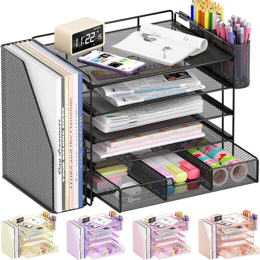 Desk Organizers and Accessories, 5-Tier Paper File Organizer with Drawer &amp; Pen Holder, Office Desk Accessories Workspace Desktop Organizer for Office Supplies(Black)