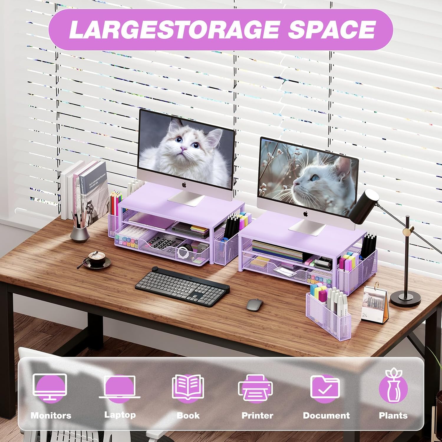 Desk Organizers and Accessories, 2-Tier Computer Monitor Stand Riser with Drawer and 2 Pen Holders, Office Desk Accessories for Office Supplies, Purple
