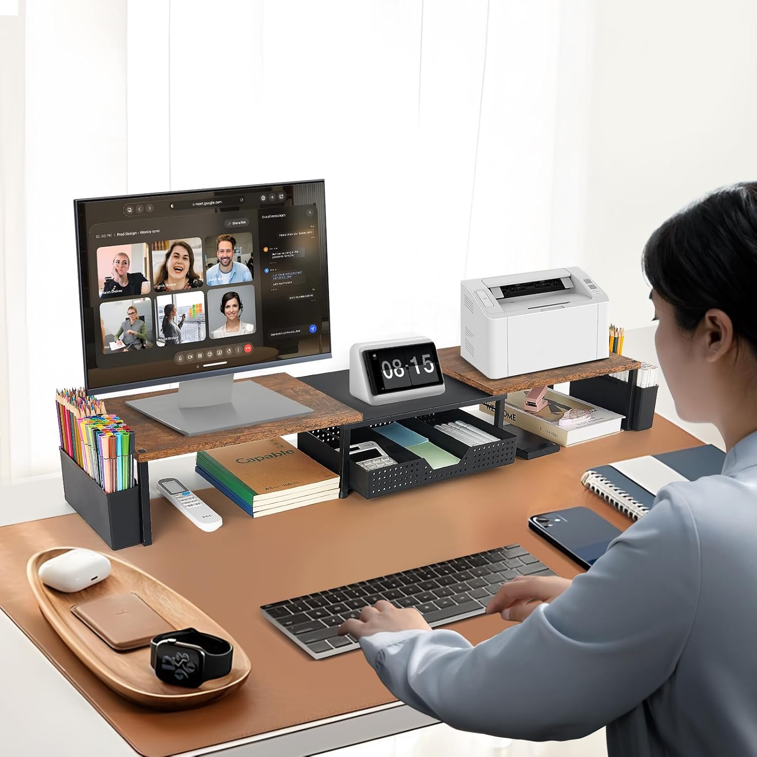 Desk Dual Monitor Stand Riser - Desk Organizer with Drawer and Pen Holders, Office Desk Accessories &amp; Workspace Organization, Computer Monitor Stand for Laptop, Printer, TV, Office Decor, Wood