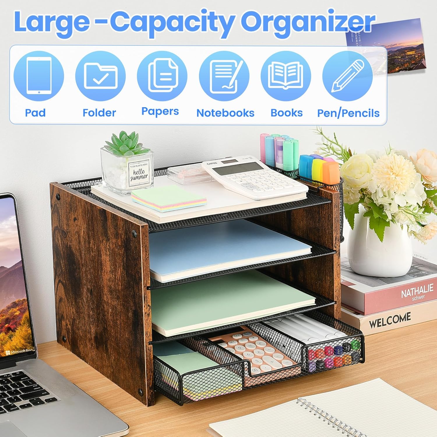 Desk Organizer and Accessories, 4-Tier Paper Letter Tray File Organizer with Drawer &amp; 2 Pen Holder, Office Desk Accessories Workspace Desktop Organizer for Office Supplies(Brown)