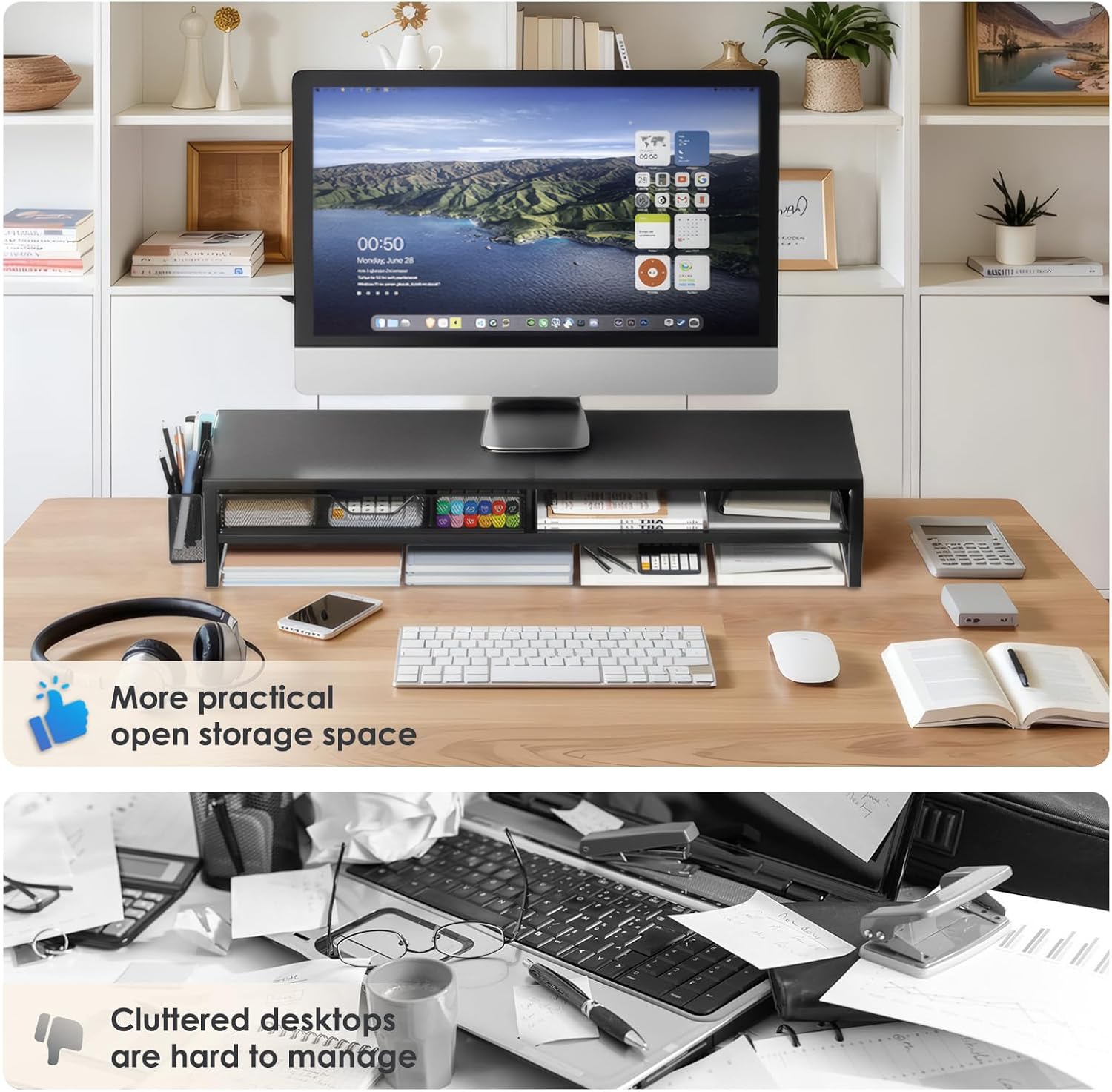 Desk Organizers and Accessories, 2-Tier Dual Computer Monitor Stand Riser for Desk Organizer with Drawer &amp; Pen Holder, Desktop Workspace Organizer &amp; Desk Accessories for Office Supplies(Black)