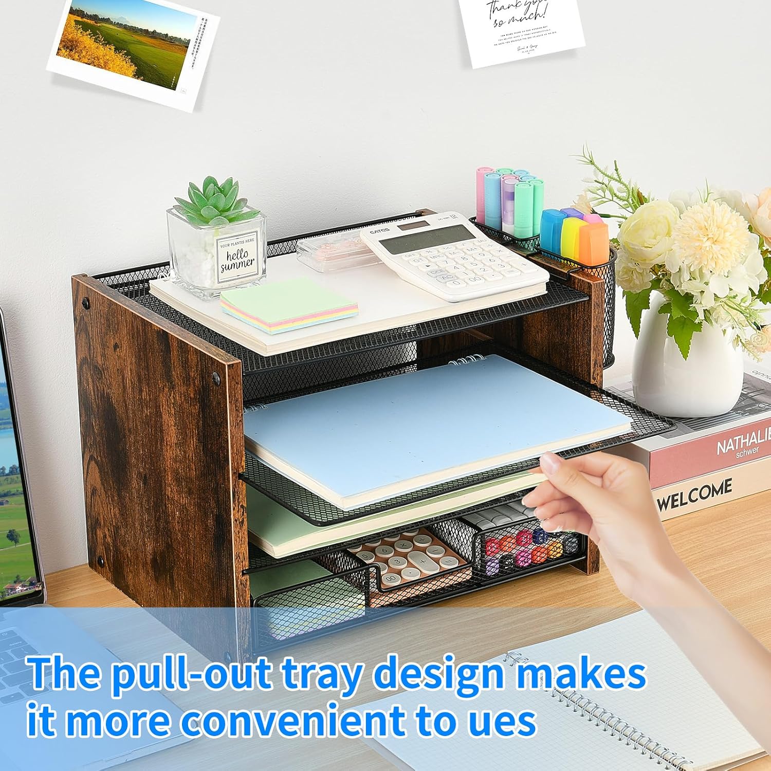 Desk Organizer and Accessories, 4-Tier Paper Letter Tray File Organizer with Drawer &amp; 2 Pen Holder, Office Desk Accessories Workspace Desktop Organizer for Office Supplies(Brown)