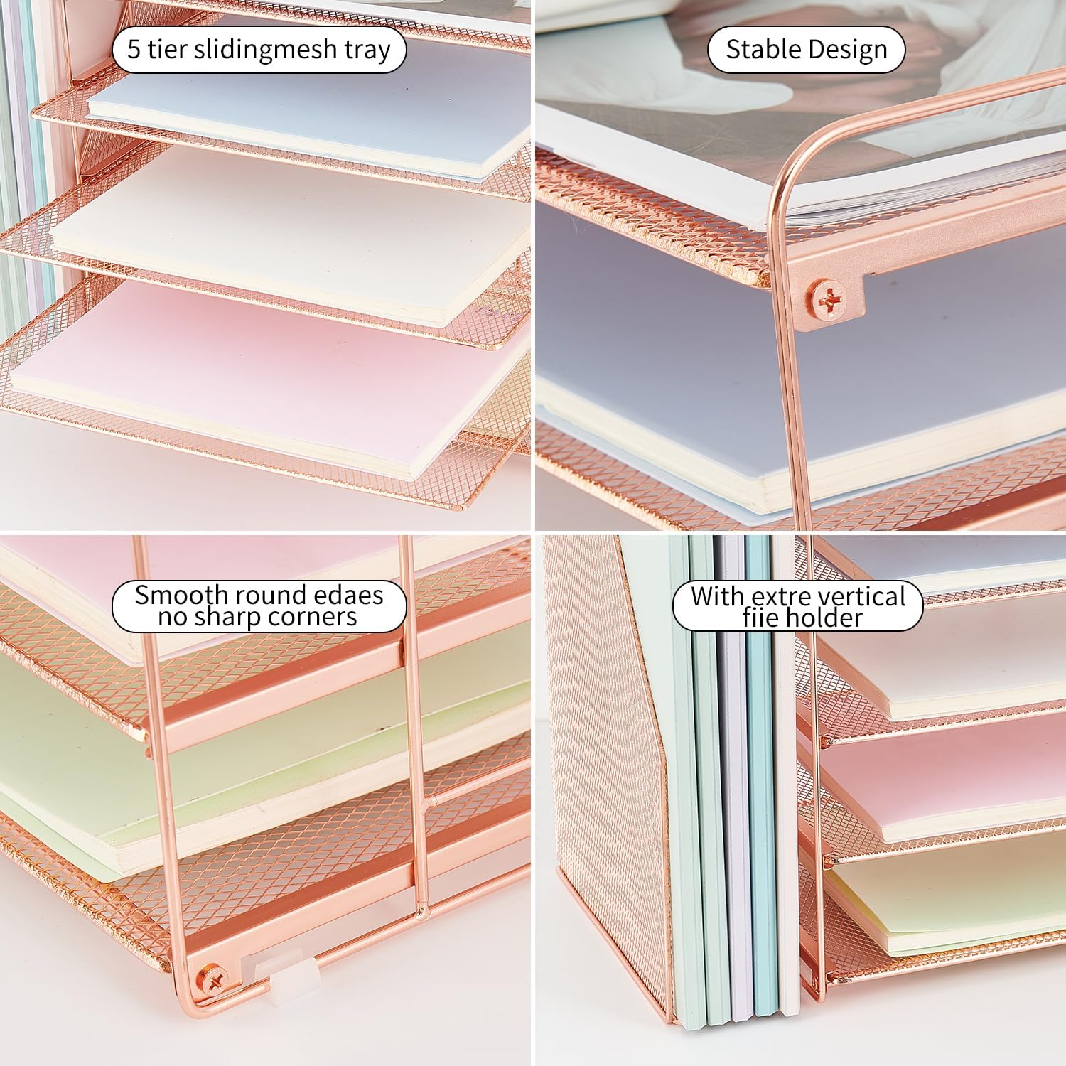 Desk Organizers and Accessories, 5 Tier Paper Letter Tray File Organizer, Office Organization Storage Desk Accessories Workspace Desktop Organizer for Classroom Office Supplies Decor(Rose)