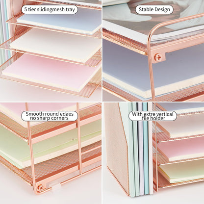 Desk Organizers and Accessories, 5 Tier Paper Letter Tray File Organizer, Office Organization Storage Desk Accessories Workspace Desktop Organizer for Classroom Office Supplies Decor(Rose)