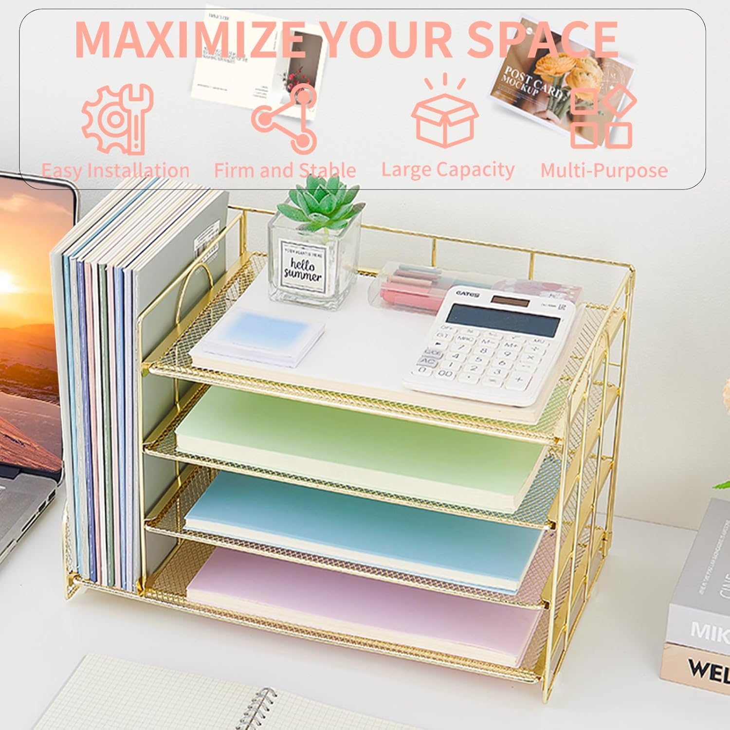 Desk Organizers and Accessories, 4 Tier Paper Letter Tray File Organizer, Desk Accessories Workspace Desktop Organizer for Classroom Office Supplies, Gold