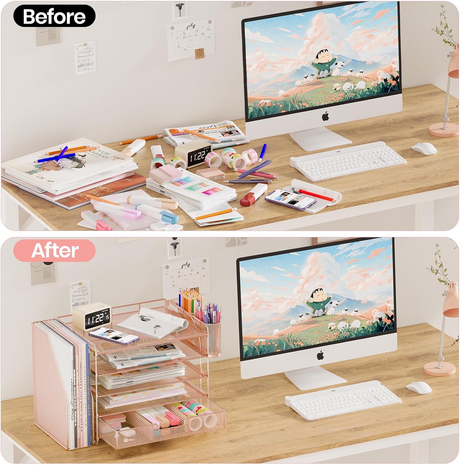 Desk Organizers and Accessories, 5-Tier Paper File Organizer with Drawer &amp; Pen Holder, Office Desk Accessories Workspace Desktop Organizer for Office Supplies (Rose Gold)