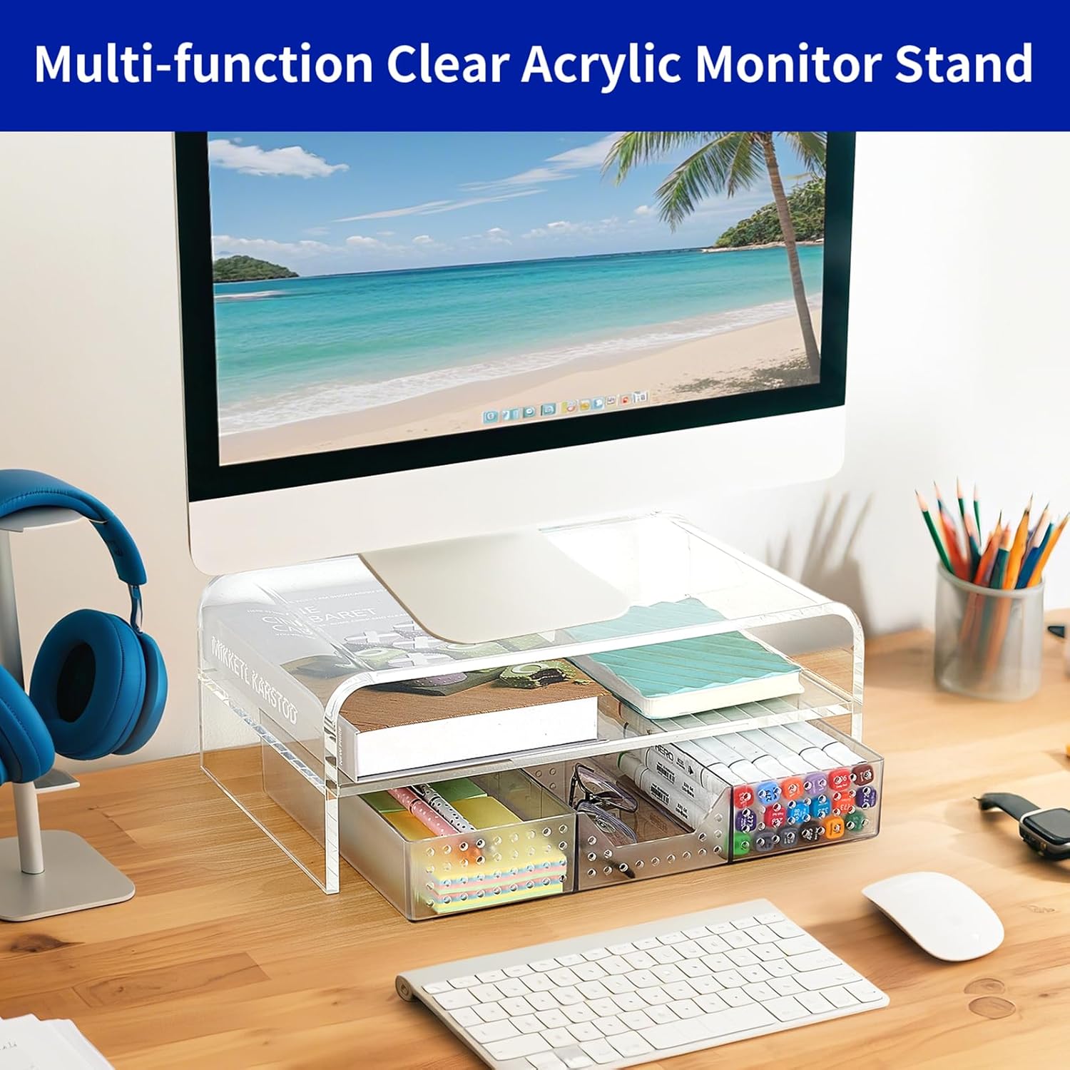 Acrylic Clear Desk Organizers and Accessories, 2-Tier Computer Monitor Stand Riser with Drawer, Office Desk Accessories for Office Supplies, Transparent