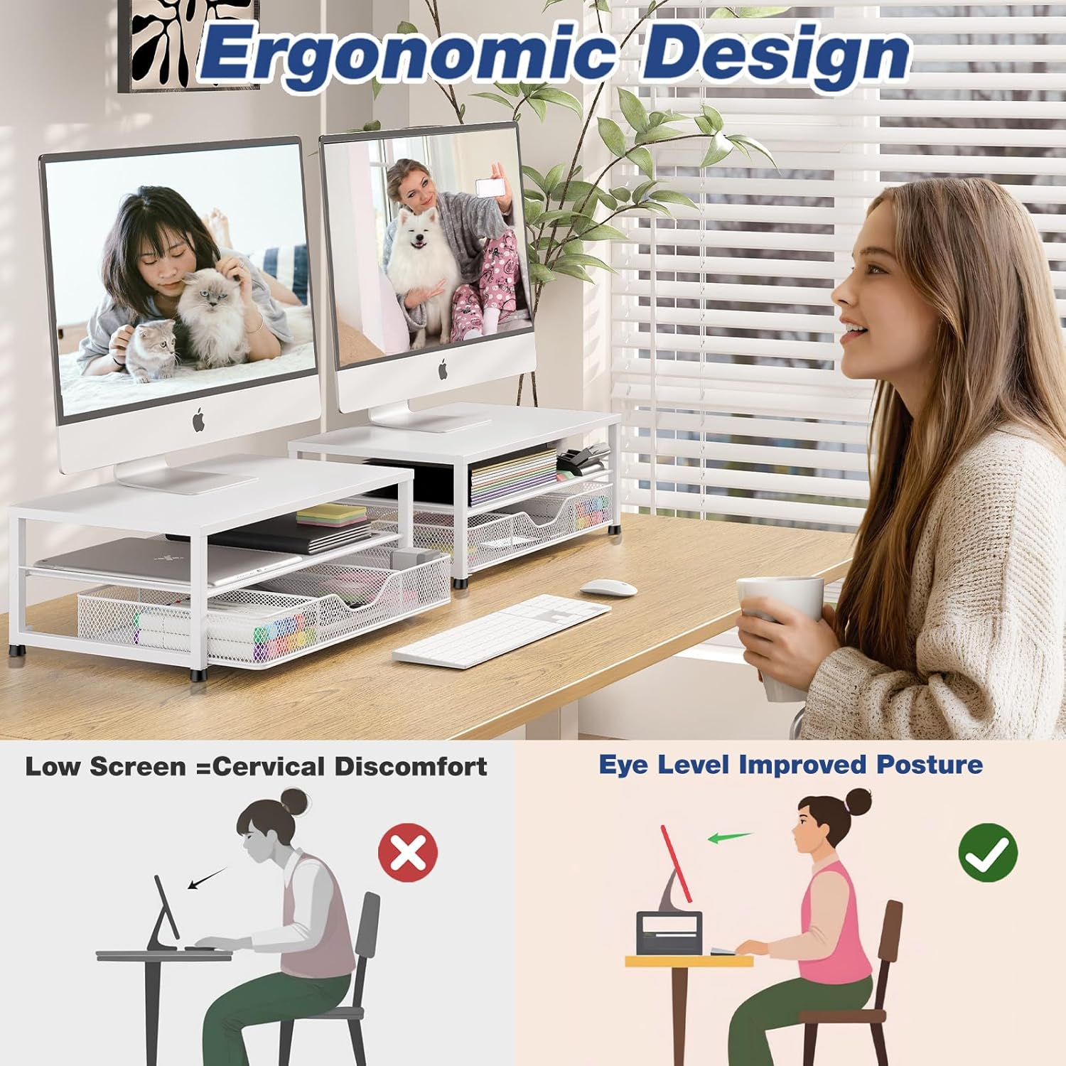 Desk Organizers and Accessories, 2-Tier Computer Monitor Stand Riser for Desk Organizer with Drawer, Desktop Workspace Organizer &amp; Office Desk Computer Accessories for Office Supplies(White)