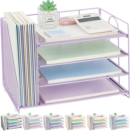 Desk Organizers and Accessories, 4 Tier Paper Letter Tray File Organizer, Office Organization Storage Desk Accessories Workspace Desktop Organizer for Classroom Office Supplies Decor, Purple