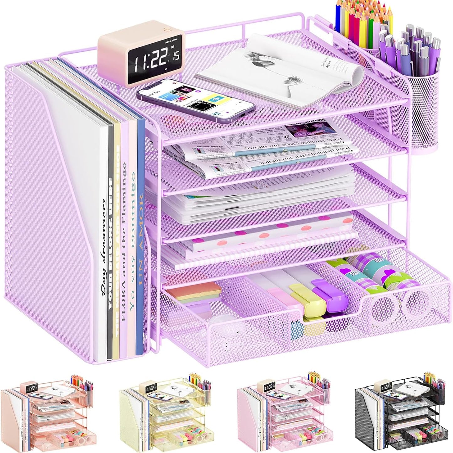 Desk Organizers and Accessories, 5-Tier Paper File Organizer with Drawer &amp; Pen Holder, Office Desk Accessories Workspace Desktop Organizer for Office Supplies((Purple)