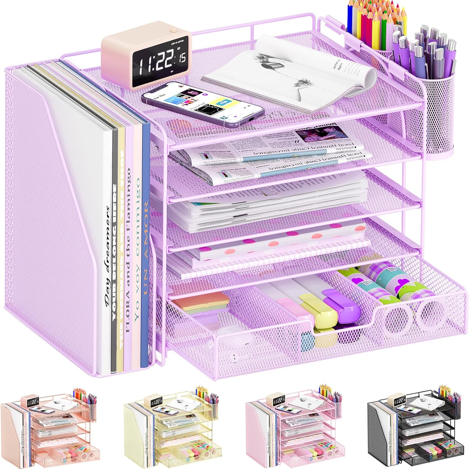 Desk Organizers and Accessories, 5-Tier Paper File Organizer with Drawer &amp; Pen Holder, Office Desk Accessories Workspace Desktop Organizer for Office Supplies((Purple)