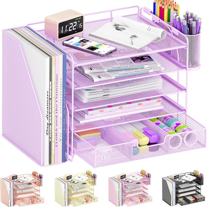 Desk Organizers and Accessories, 5-Tier Paper File Organizer with Drawer &amp; Pen Holder, Office Desk Accessories Workspace Desktop Organizer for Office Supplies((Purple)