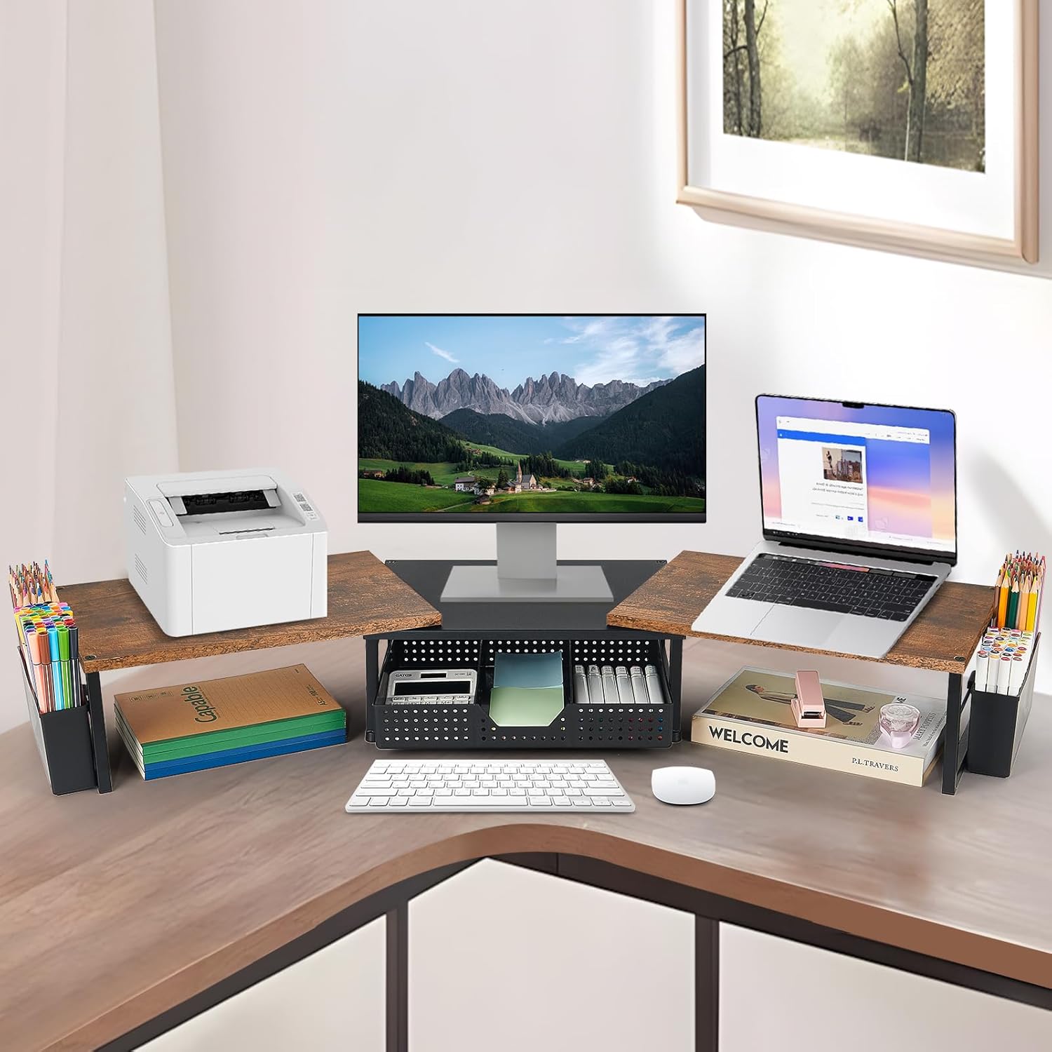 Desk Dual Monitor Stand Riser - Desk Organizer with Drawer and Pen Holders, Office Desk Accessories &amp; Workspace Organization, Computer Monitor Stand for Laptop, Printer, TV, Office Decor, Wood