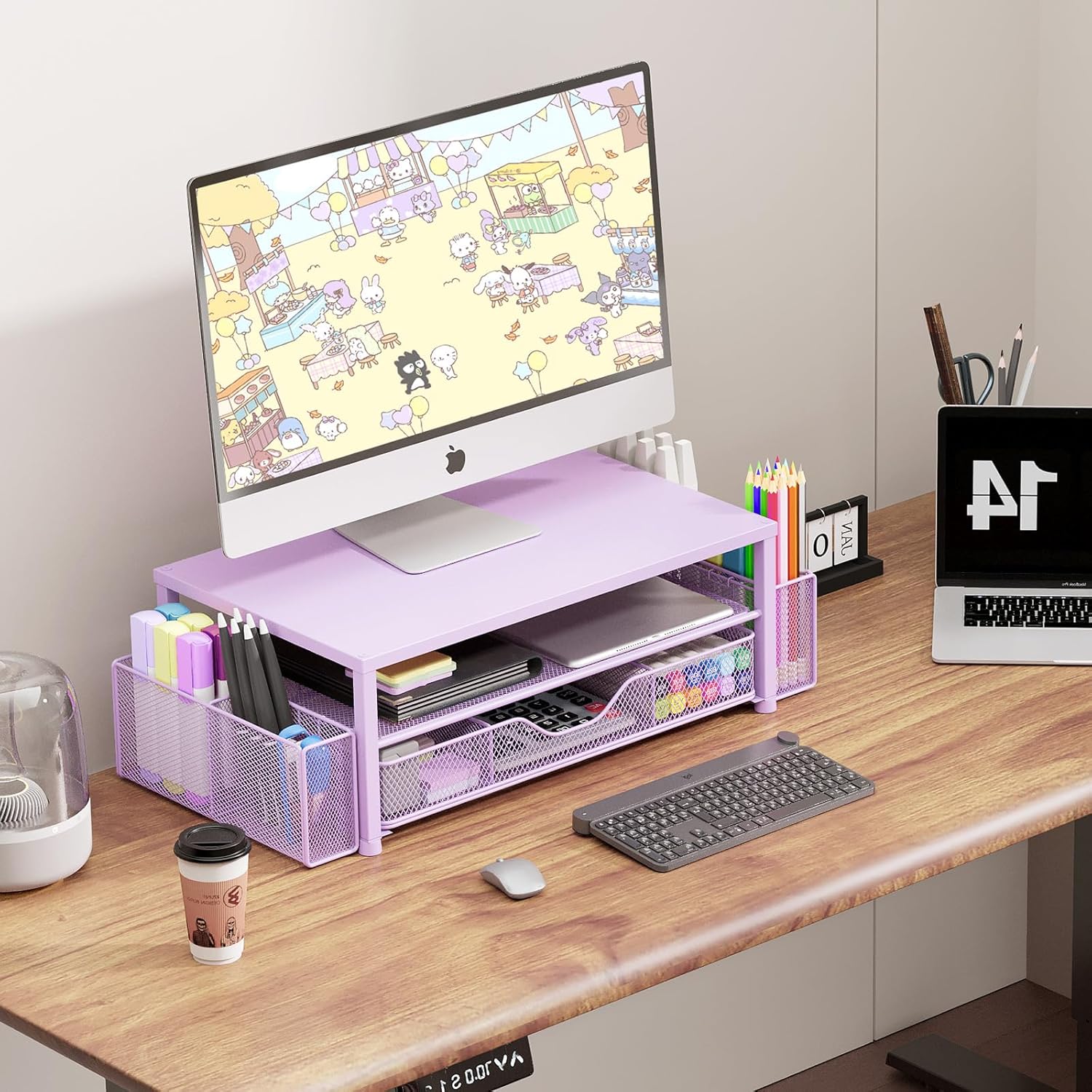 Desk Organizers and Accessories, 2-Tier Computer Monitor Stand Riser with Drawer and 2 Pen Holders, Office Desk Accessories for Office Supplies, Purple