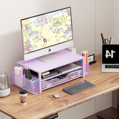 Desk Organizers and Accessories, 2-Tier Computer Monitor Stand Riser with Drawer and 2 Pen Holders, Office Desk Accessories for Office Supplies, Purple