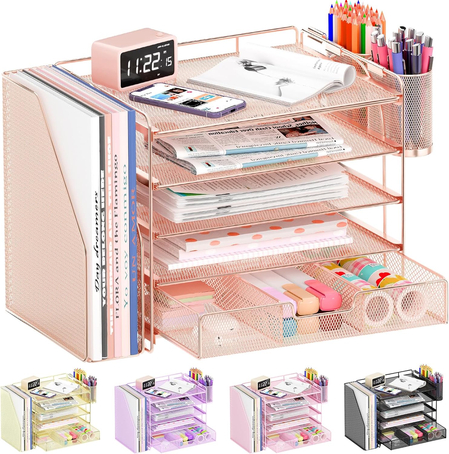 Desk Organizers and Accessories, 5-Tier Paper File Organizer with Drawer &amp; Pen Holder, Office Desk Accessories Workspace Desktop Organizer for Office Supplies (Rose Gold)