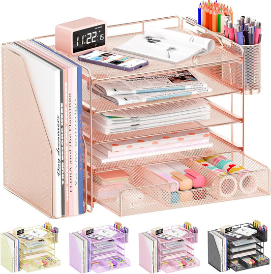Desk Organizers and Accessories, 5-Tier Paper File Organizer with Drawer &amp; Pen Holder, Office Desk Accessories Workspace Desktop Organizer for Office Supplies (Rose Gold)