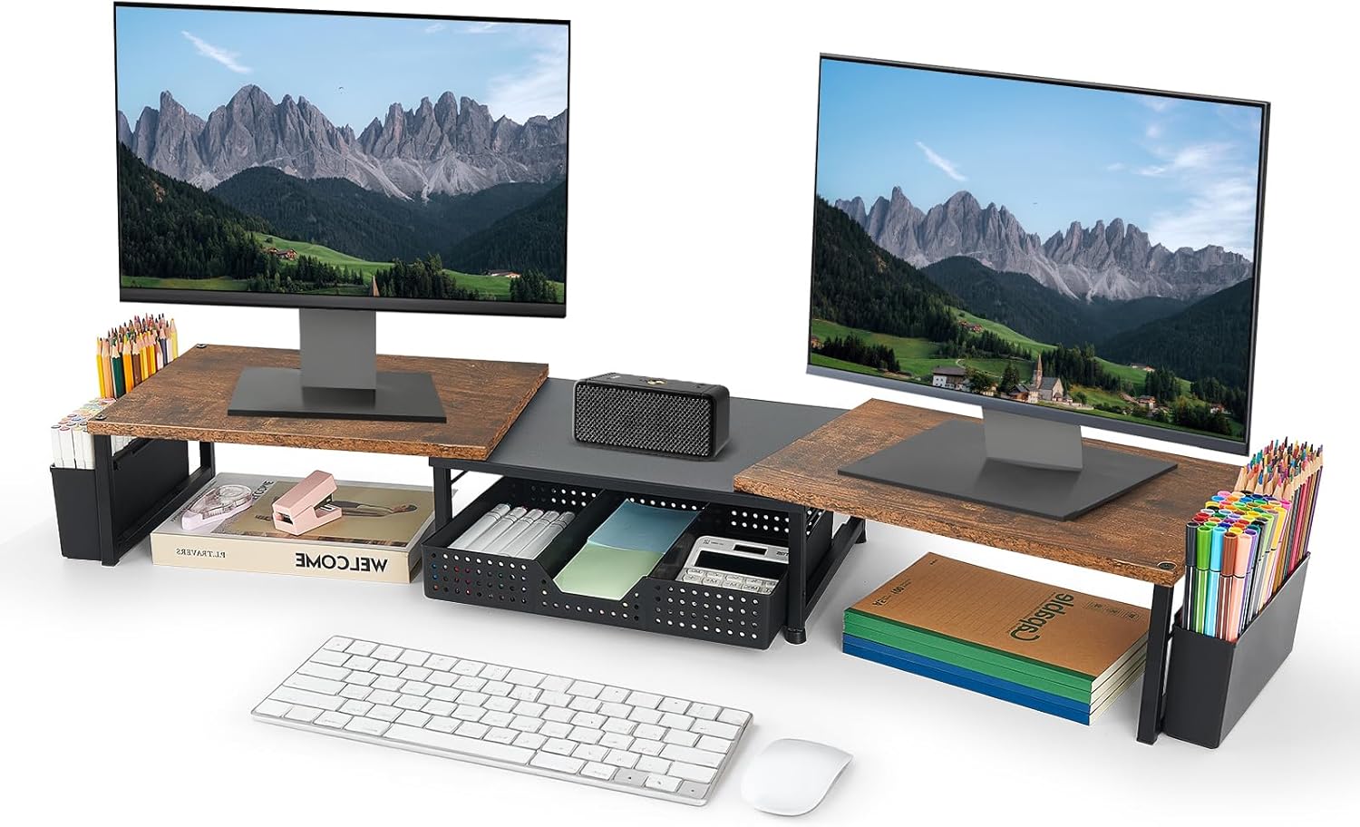 Desk Dual Monitor Stand Riser - Desk Organizer with Drawer and Pen Holders, Office Desk Accessories &amp; Workspace Organization, Computer Monitor Stand for Laptop, Printer, TV, Office Decor, Wood