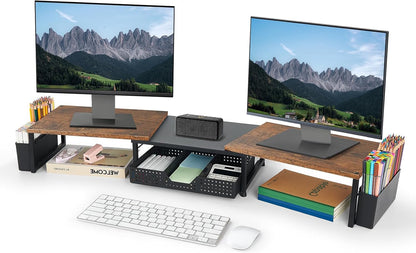 Desk Dual Monitor Stand Riser - Desk Organizer with Drawer and Pen Holders, Office Desk Accessories &amp; Workspace Organization, Computer Monitor Stand for Laptop, Printer, TV, Office Decor, Wood