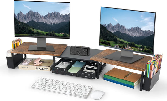 Desk Dual Monitor Stand Riser - Desk Organizer with Drawer and Pen Holders, Office Desk Accessories &amp; Workspace Organization, Computer Monitor Stand for Laptop, Printer, TV, Office Decor, Wood