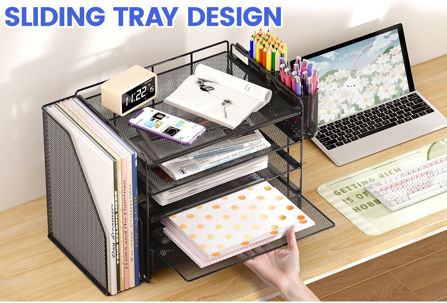 Desk Organizers and Accessories, 5-Tier Paper File Organizer with Drawer &amp; Pen Holder, Office Desk Accessories Workspace Desktop Organizer for Office Supplies(Black)
