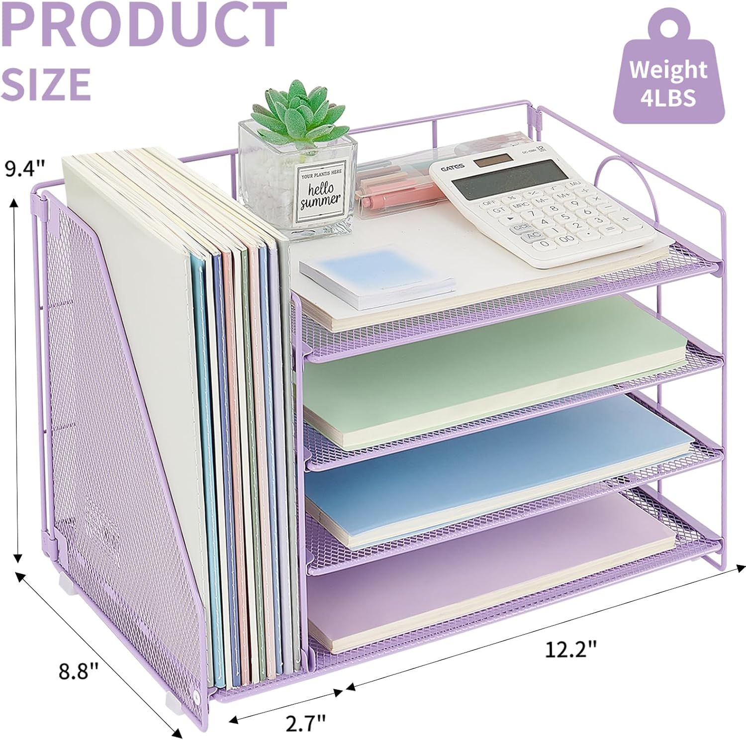 Desk Organizers and Accessories, 4 Tier Paper Letter Tray File Organizer, Office Organization Storage Desk Accessories Workspace Desktop Organizer for Classroom Office Supplies Decor, Purple