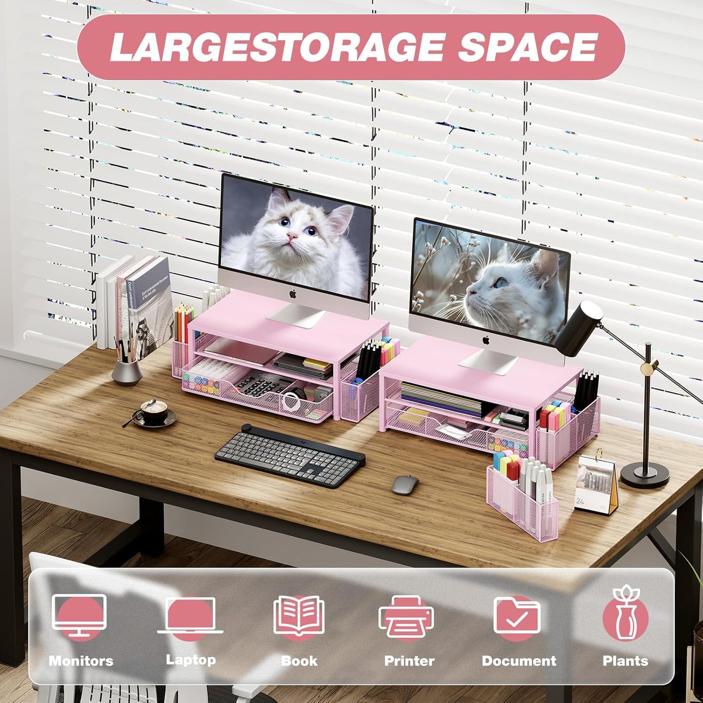 Desk Organizers and Accessories, 2-Tier Computer Monitor Stand Riser with Drawer and 2 Pen Holders, Office Desk Accessories for Office Supplies, Pink