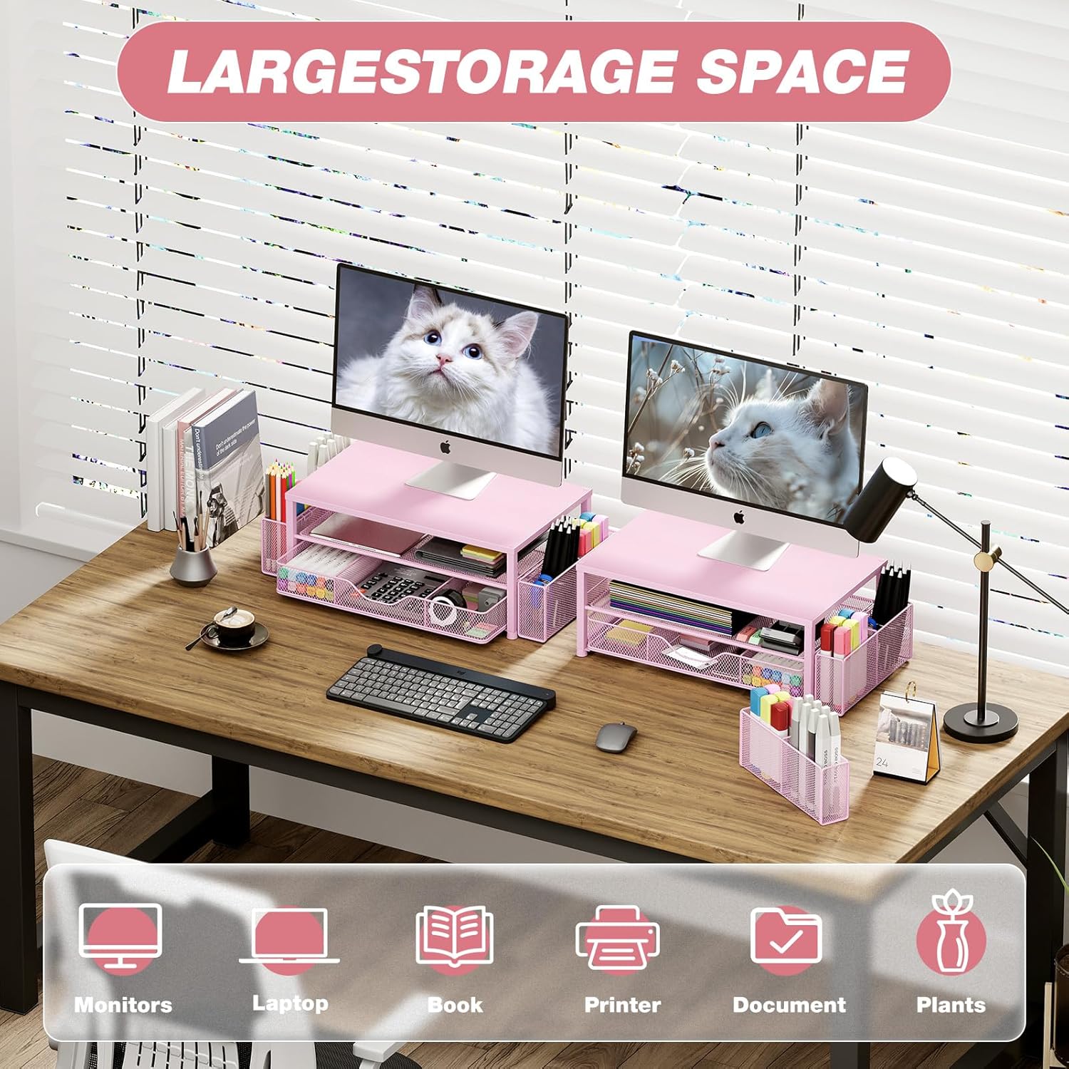 Desk Organizers and Accessories, 2-Tier Computer Monitor Stand Riser with Drawer and 2 Pen Holders, Office Desk Accessories for Office Supplies, Pink