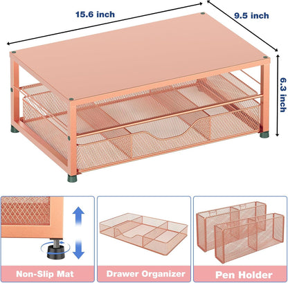 Desk Organizers and Accessories, 2-Tier Computer Monitor Stand with Drawer and 2 Pen Holders, Office Desk Accessories for Office Supplies, Rose Gold