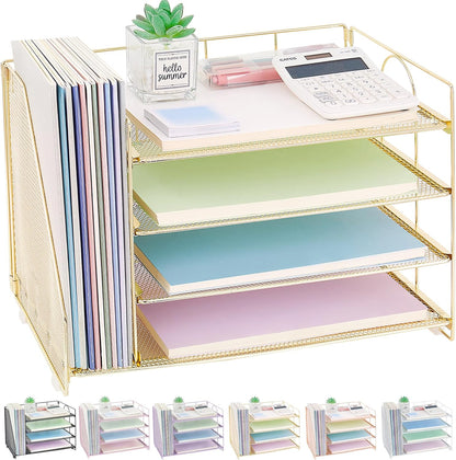 Desk Organizers and Accessories, 4 Tier Paper Letter Tray File Organizer, Desk Accessories Workspace Desktop Organizer for Classroom Office Supplies, Gold