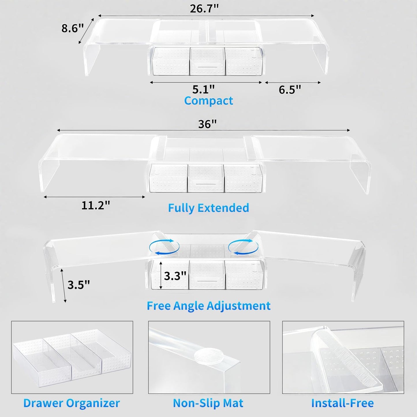 Clear Acrylic Desk Organizers and Accessories, Dual Computer Monitor Stand Riser with Drawer, Desk Shelf for Monitor, Workspace Desktop Organization for Office Supplies