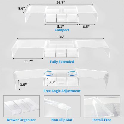Clear Acrylic Desk Organizers and Accessories, Dual Computer Monitor Stand Riser with Drawer, Desk Shelf for Monitor, Workspace Desktop Organization for Office Supplies