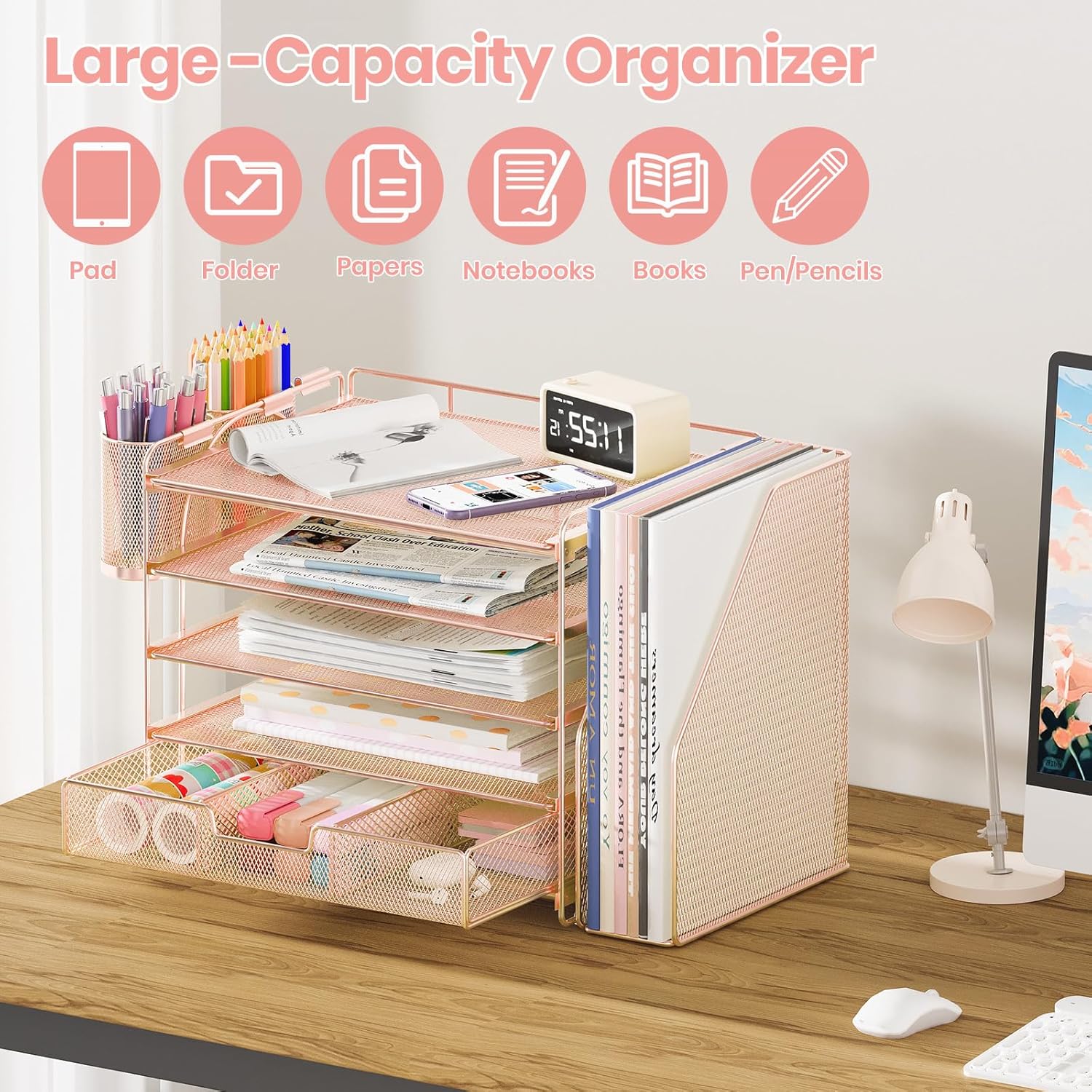 Desk Organizers and Accessories, 5-Tier Paper File Organizer with Drawer &amp; Pen Holder, Office Desk Accessories Workspace Desktop Organizer for Office Supplies (Rose Gold)