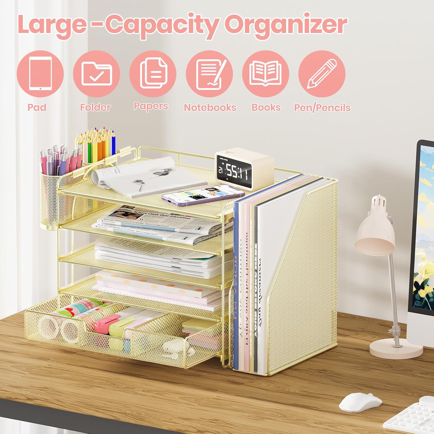 Desk Organizers and Accessories, 5-Tier Paper File Organizer with Drawer &amp; Pen Holder, Office Desk Accessories Workspace Desktop Organizer for Office Supplies(Gold)