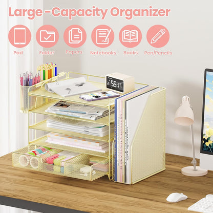 Desk Organizers and Accessories, 5-Tier Paper File Organizer with Drawer &amp; Pen Holder, Office Desk Accessories Workspace Desktop Organizer for Office Supplies(Gold)